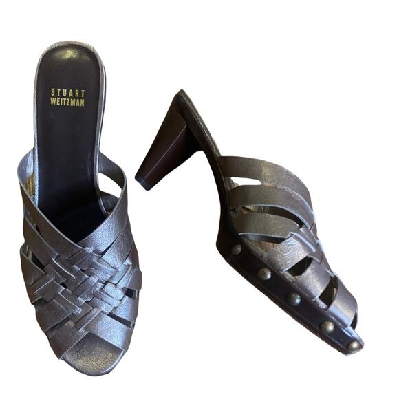 Stuart Weitzman Metallic Basket Weave Studded Mule Slide On Heel Sandal 7.5/8 - Picture 6 of 12